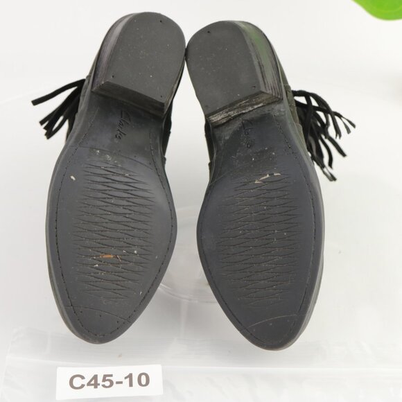 Clarks Womens Gelata Flora Boot Size 6.5 Black Leather Fringe Block Heel Bootie - Picture 8 of 11